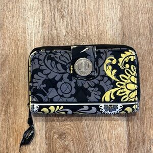 Vera Bradley Turn Lock Zip Wallet Organizer Black Gray Yellow Floral